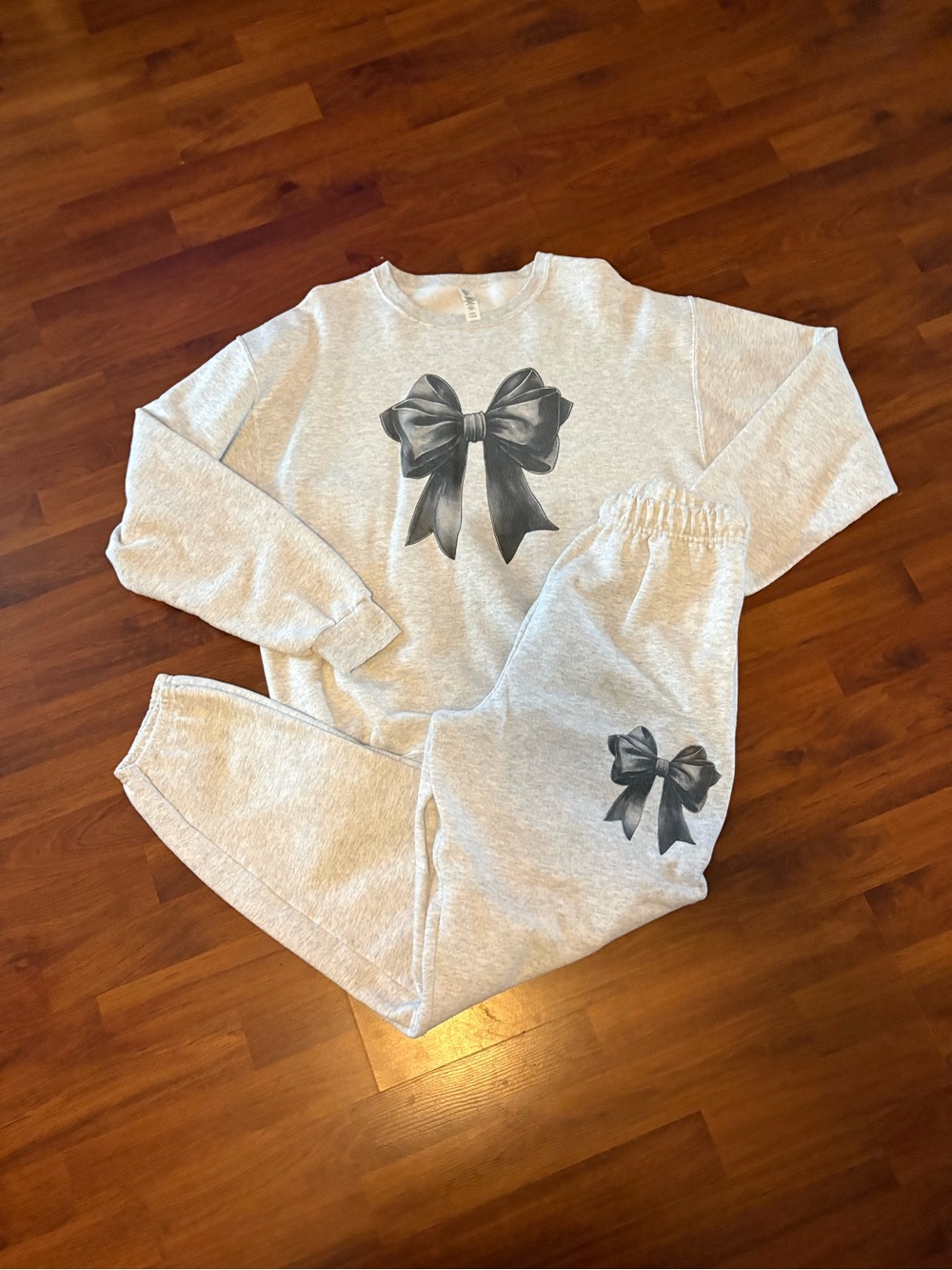 Jerzees Light Heather Gray Sweatshirt & Jogger Set with Black Bow Prints